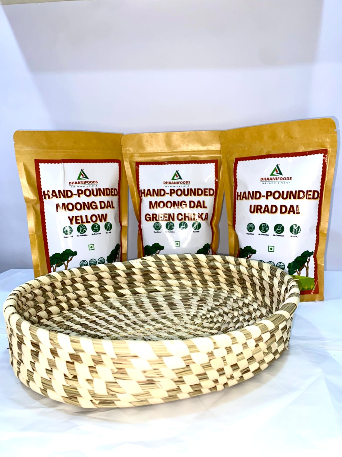 Hand Pounded Daal Gift Basket – Yellow Moong Dal, Green Chilka Moong Dal &