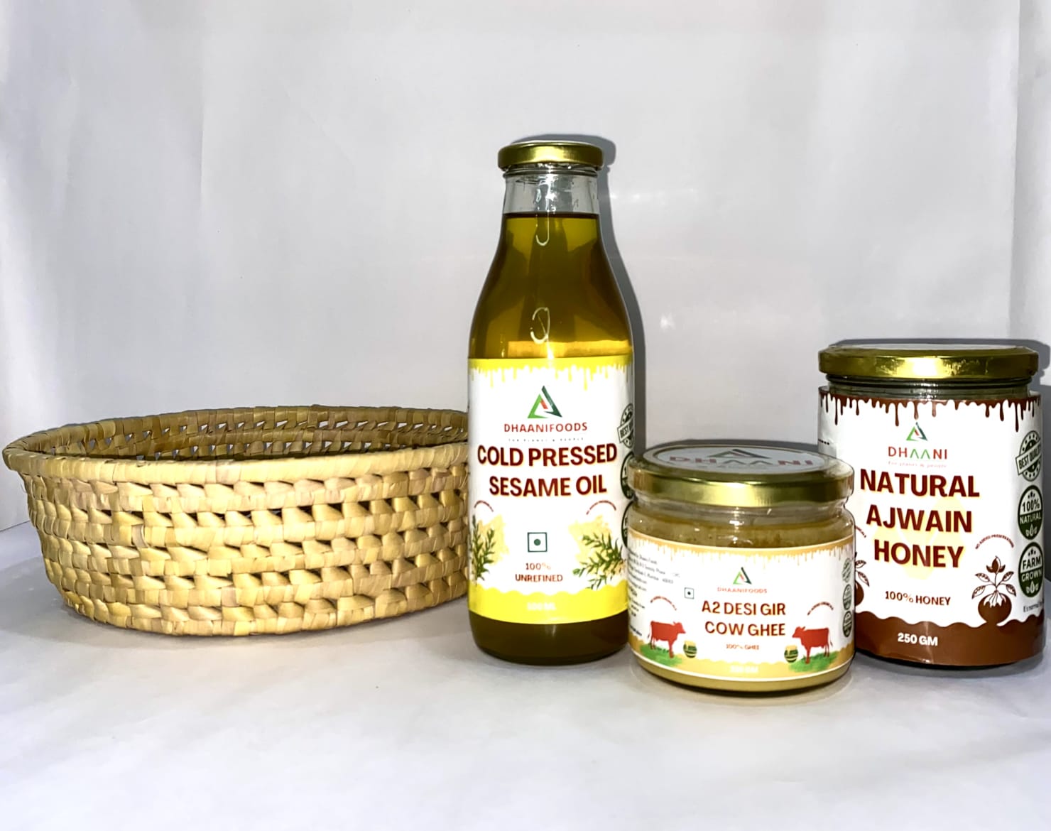 Organic Liquid Gift Hamper – Cold Pressed Til Oil, A2 Desi Gir Cow Ghee & Natural Ajwain Honey