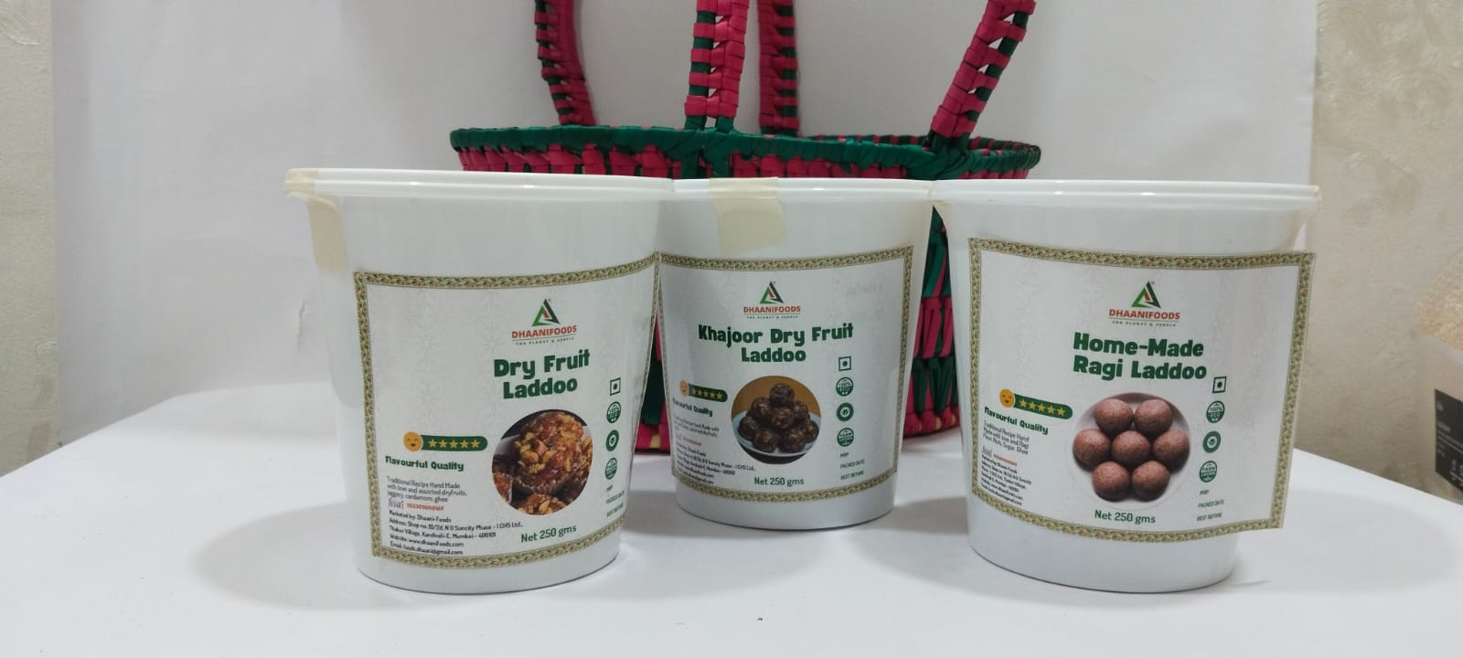 Homemade Ladoo Gift Hamper Basket – Ragi Ladoo, Dry Fruits Ladoo & Khajoor Dry Fruits Ladoo