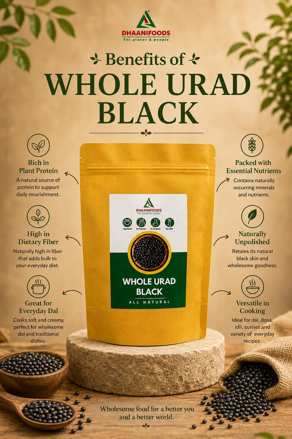 Whole Urad Dal Black | Sabut Kali Urad Protein Rich | Dhaani Foods