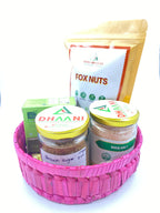 Essential Gift Basket – Fox Nuts, Rock Salt, Brown Sugar & Green Coffee Kahwa in Palm Leaf Box