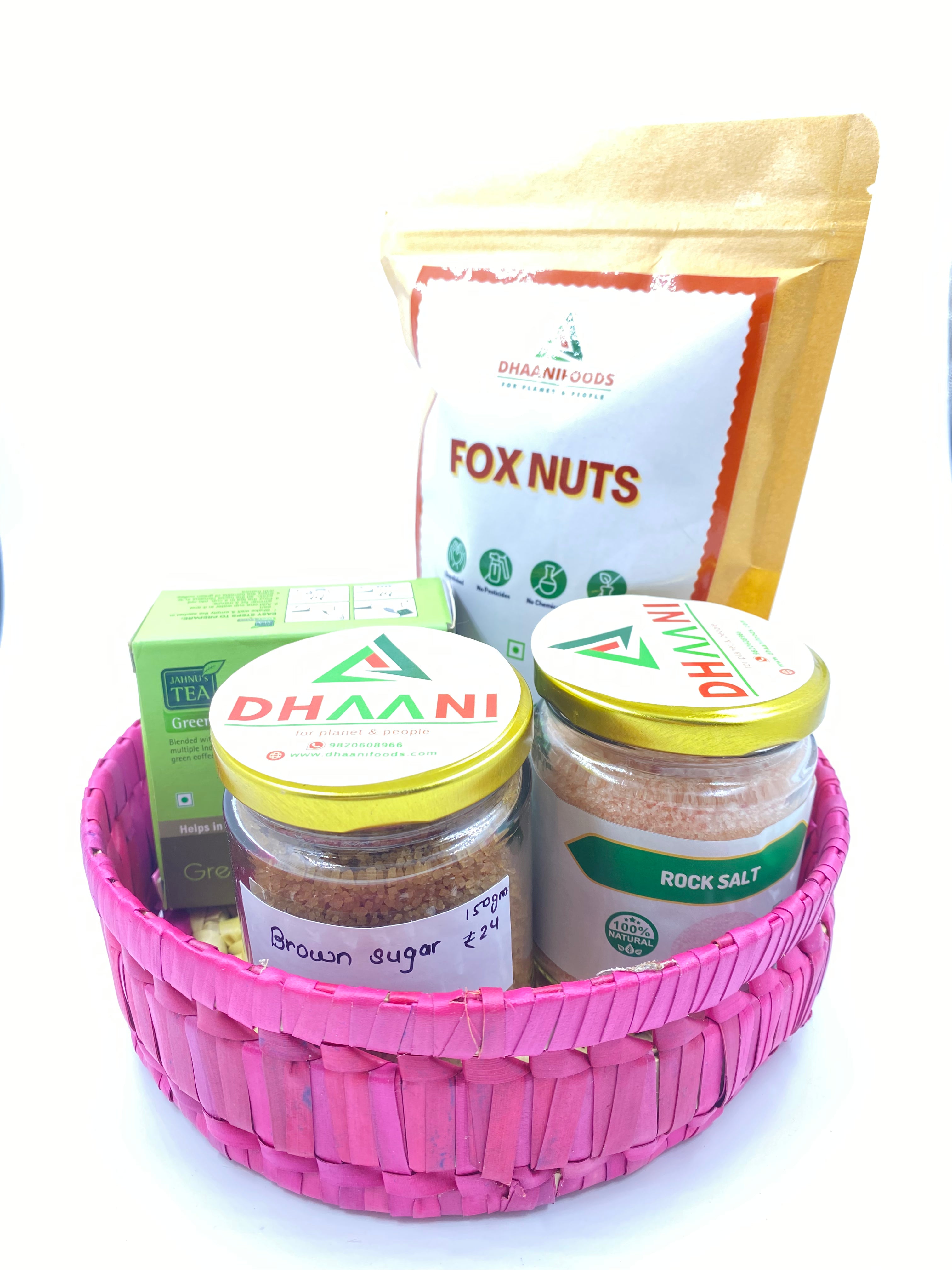 Essential Gift Basket – Fox Nuts, Rock Salt, Brown Sugar & Green Coffee Kahwa in Palm Leaf Box