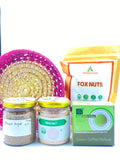 Essential Gift Basket – Fox Nuts, Rock Salt, Brown Sugar & Green Coffee Kahwa in Palm Leaf Box