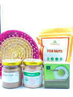 Essential Gift Basket – Fox Nuts, Rock Salt, Brown Sugar & Green Coffee Kahwa in Palm Leaf Box