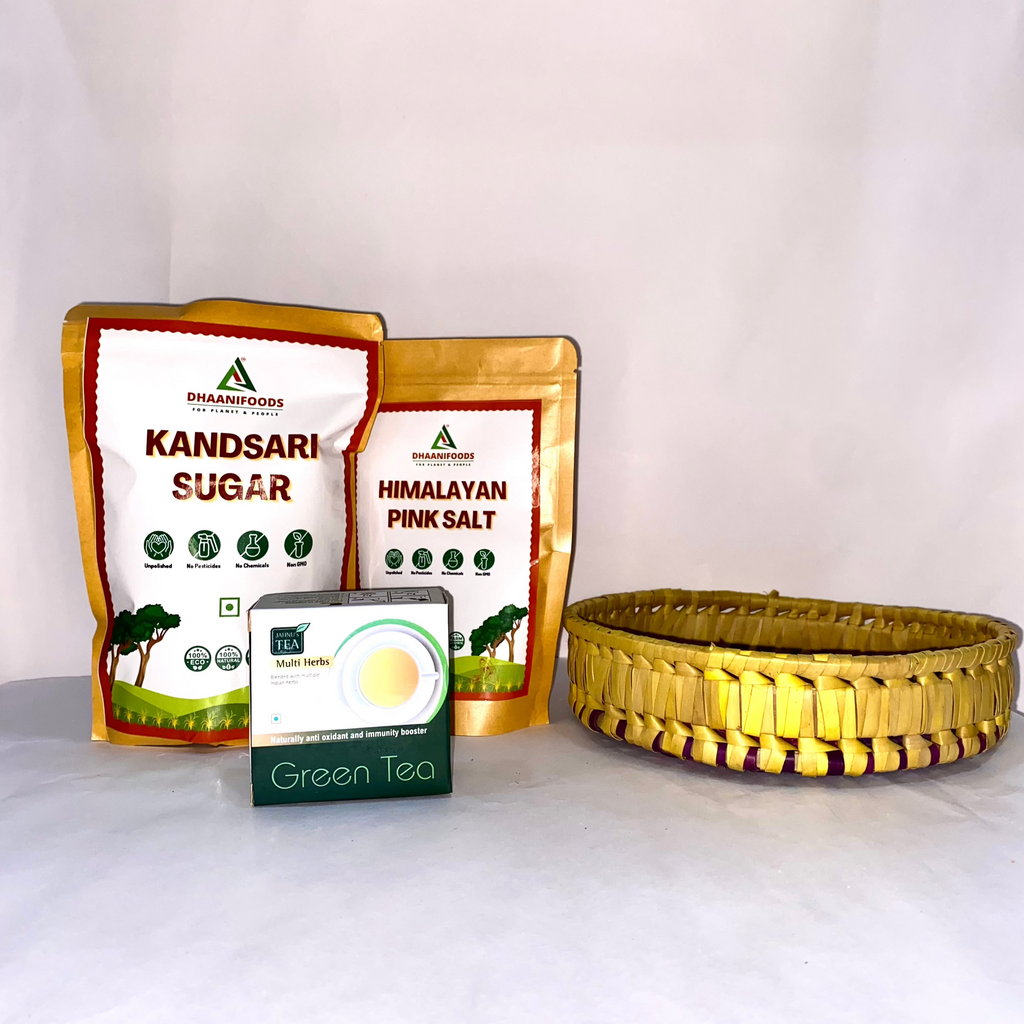 Healthy Gift Basket – Khandsari Sugar, Himalayan Pink Salt, Green Tea & Palm Leaf Bowl Hamper