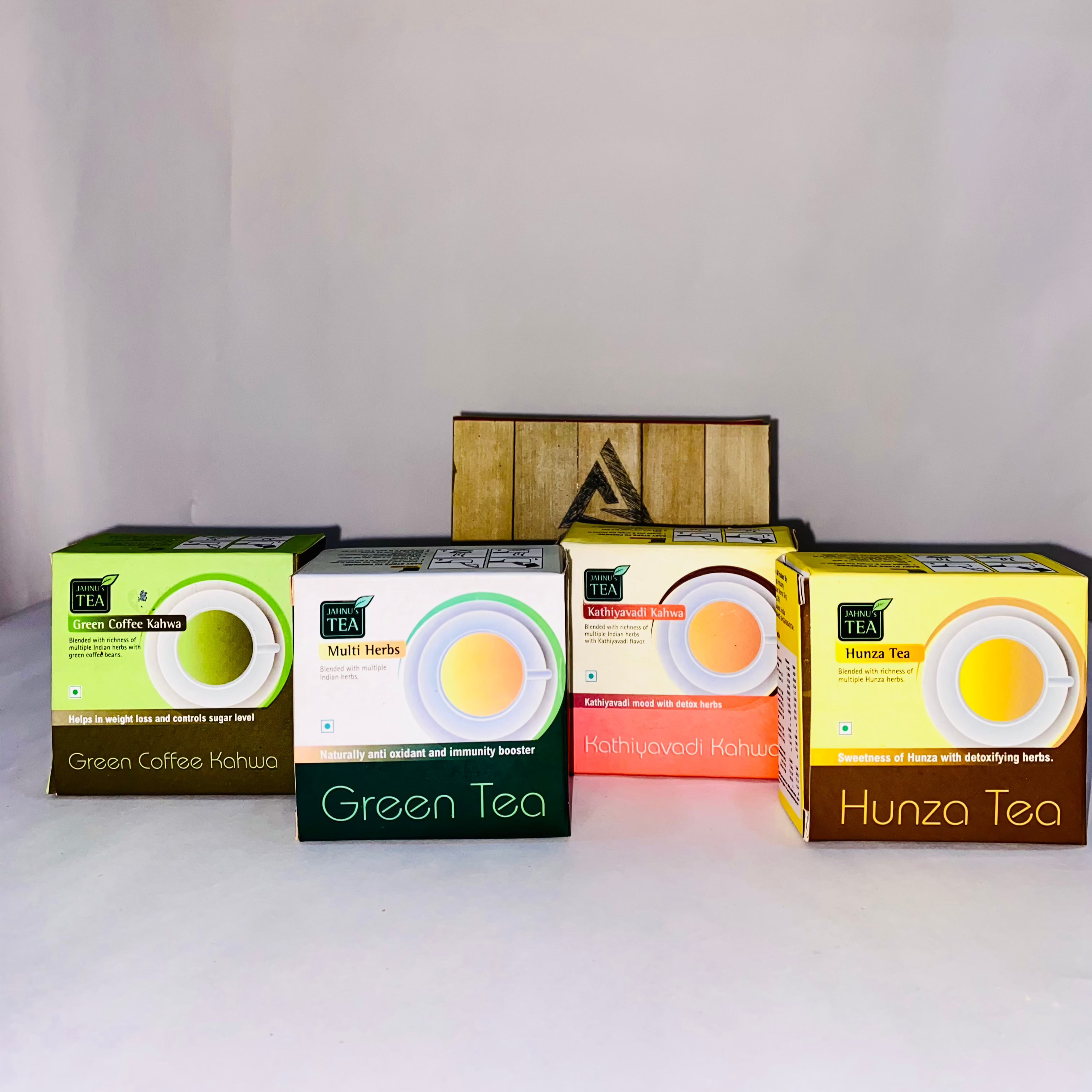 Tea Gift Basket – Hunza Tea, Green Tea, Kathiyawadi Kahwa & Green Coffee in Palm Leaf Dhaani Box.