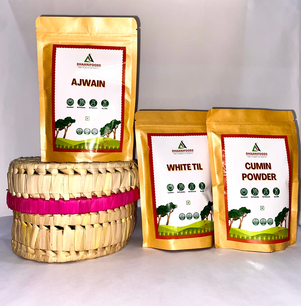 Spice Gift Basket – Ajwain, White Til & Cumin Powder with Palm Leaf Bowl | Healthy Gifting Hamper