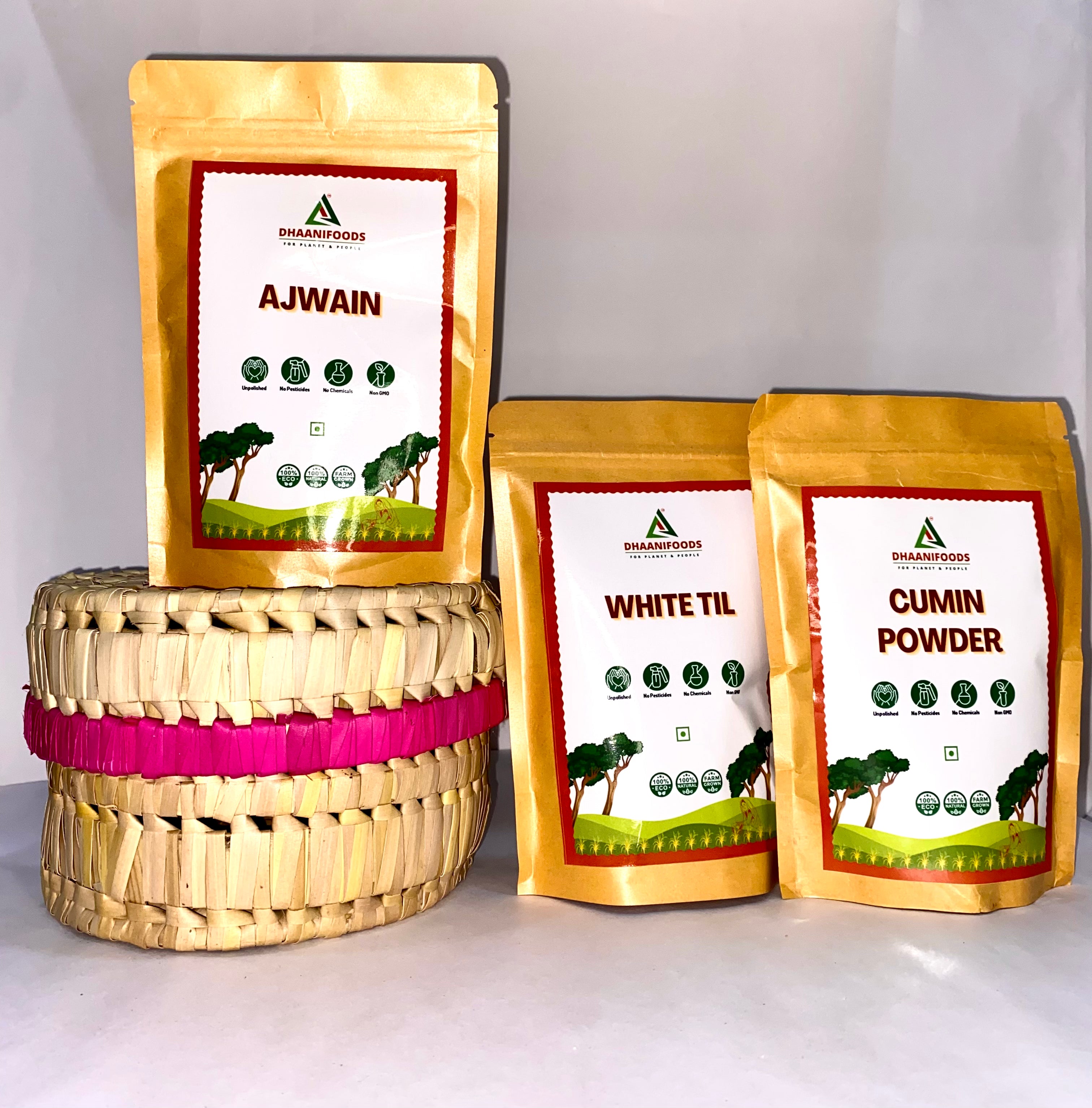 Spice Gift Basket – Ajwain, White Til & Cumin Powder with Palm Leaf Bowl | Healthy Gifting Hamper