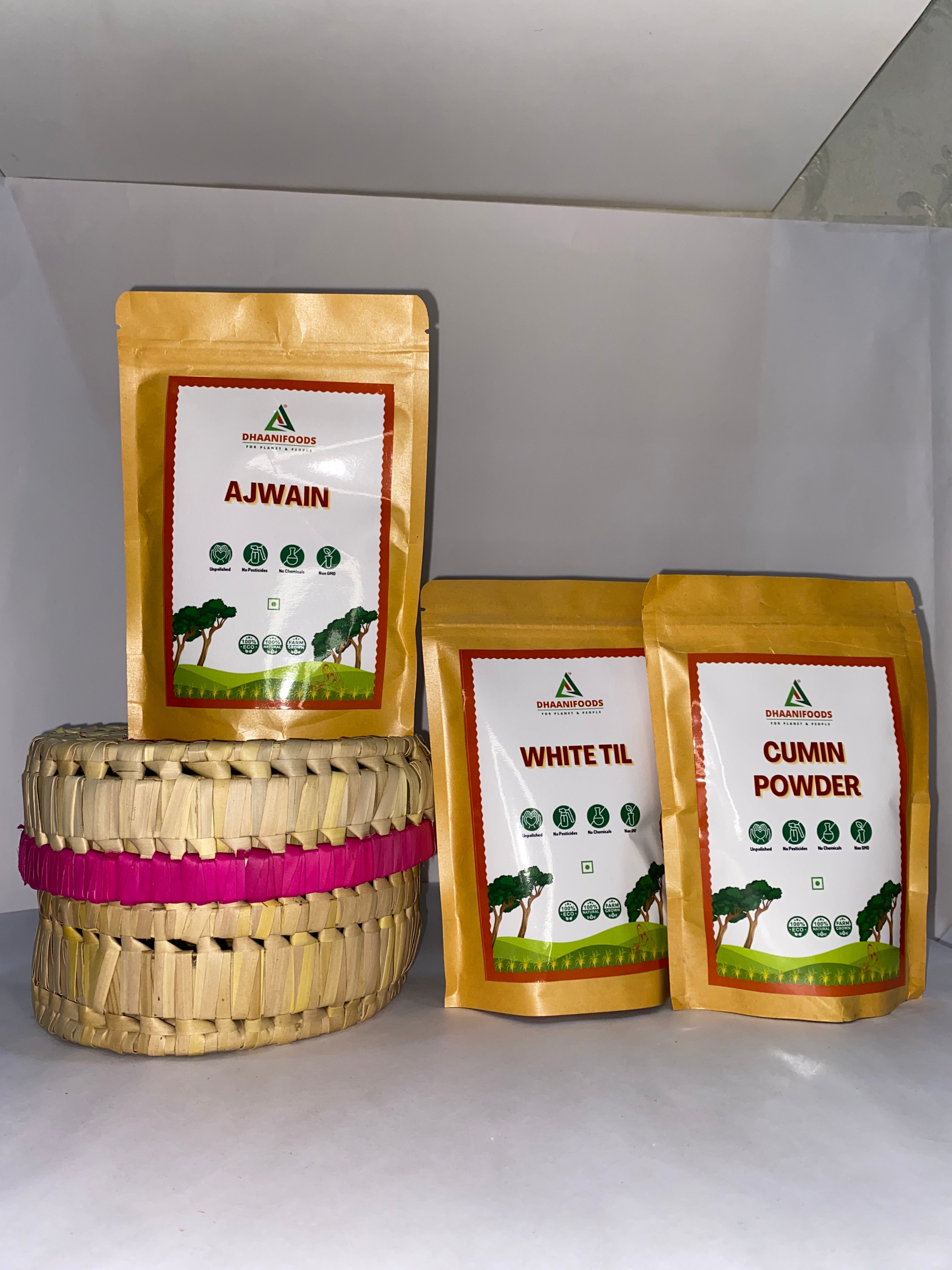 Spice Gift Basket – Ajwain, White Til & Cumin Powder with Palm Leaf Bowl | Healthy Gifting Hamper