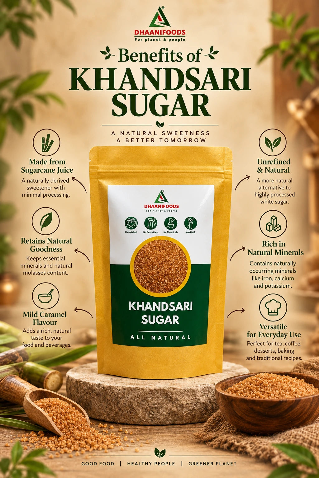 Khandsari Sugar | Traditional Unrefined Cane Sugar Natural Sweetener | Dhaani Foods
