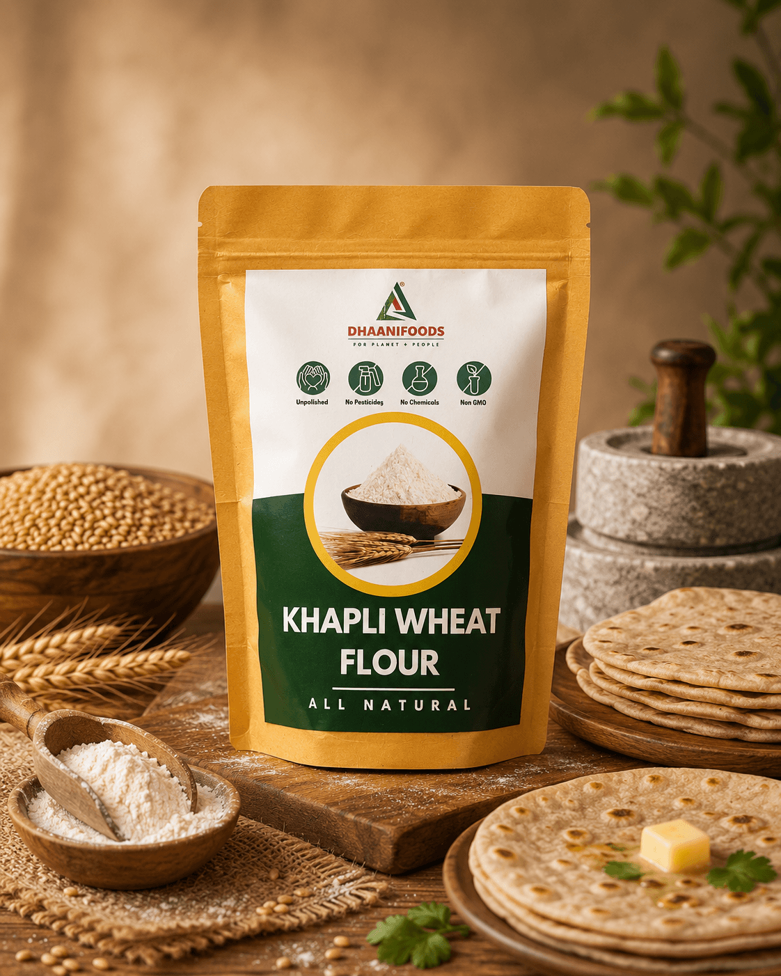 Khapli Wheat Flour | Low Gluten Emmer Atta Healthy Wheat | Dhaani Foods