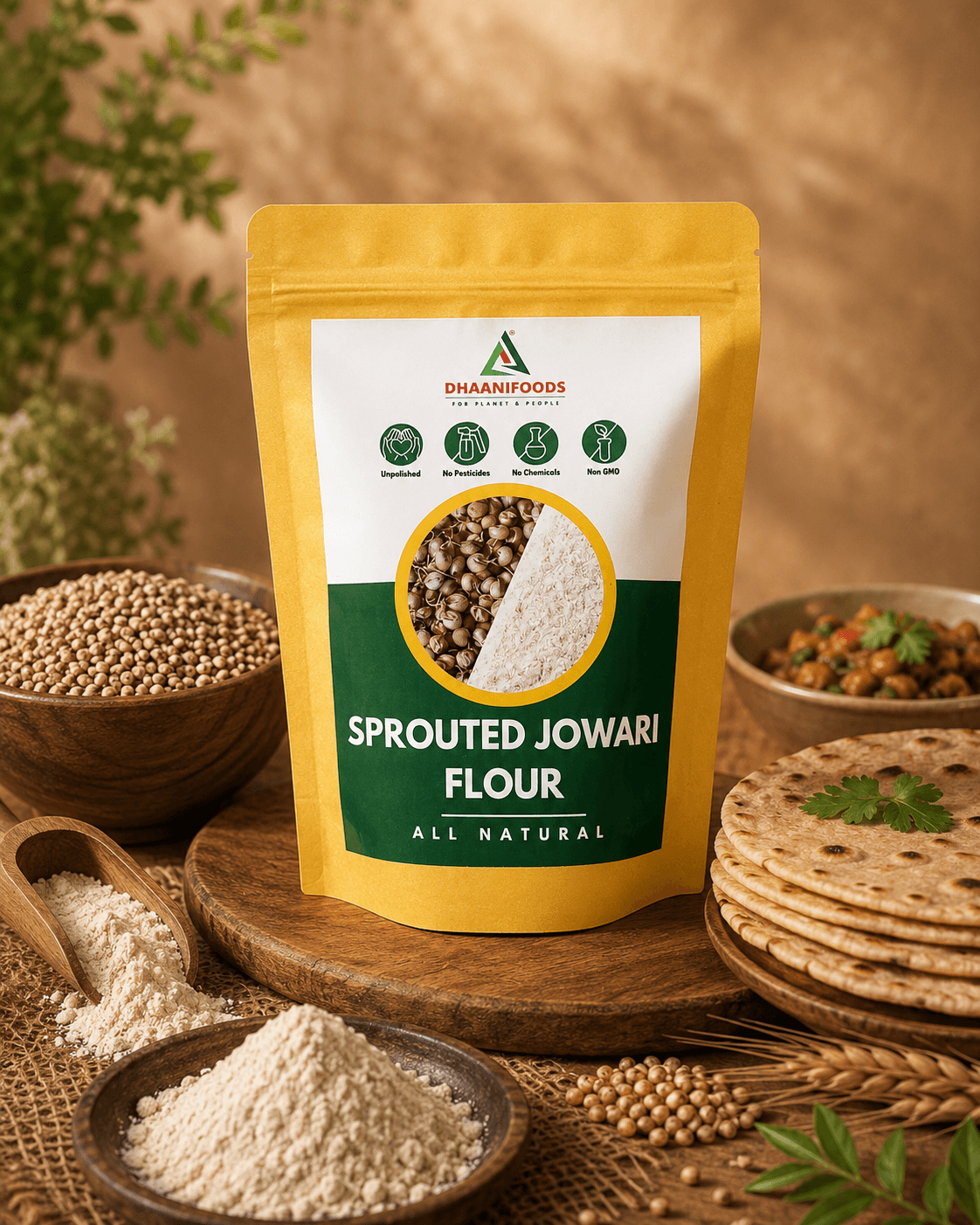 Sprouted Jowar Flour | High Fiber Sorghum Atta Gluten-Free | Dhaani Foods