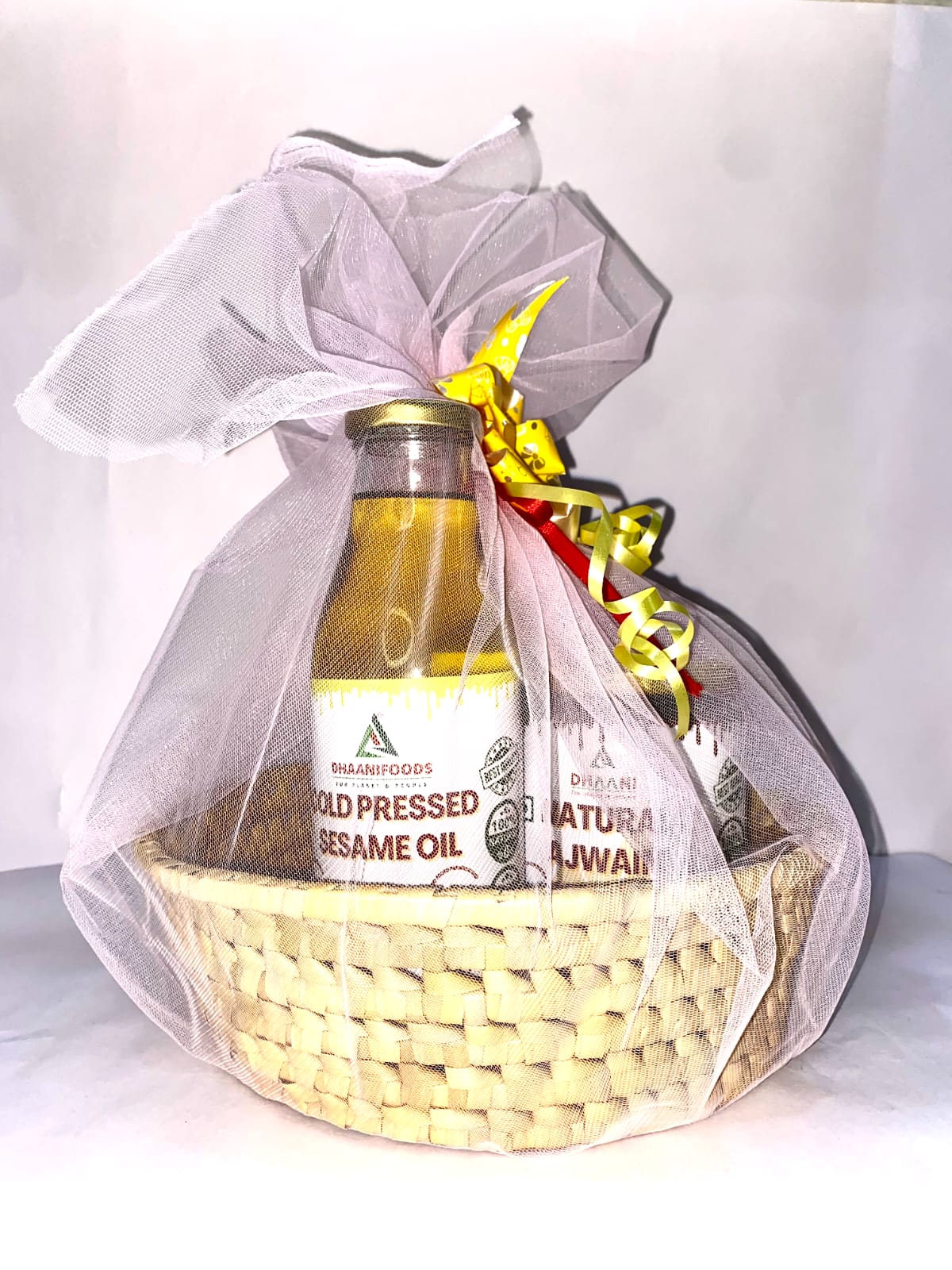 Organic Liquid Gift Hamper – Cold Pressed Til Oil, A2 Desi Gir Cow Ghee & Natural Ajwain Honey