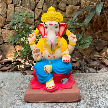Dhaani Foods 12 Inch Kamal Ganpati Idol (No. DBSY) | Shadu Mati Eco-Friendly Ganesha | Lotus Design |