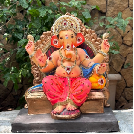 Dhaani Foods 21 Inch Single Load Sihasan Ganesh Idol | Shadu Mati Eco-Friendly Ganesha | Royal Throne Murti