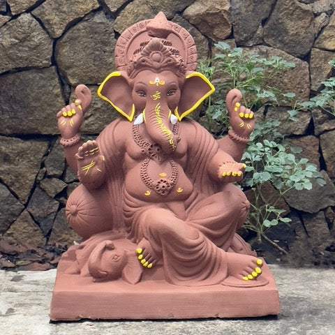 Dhaani Foods No. 6 Mud Hatti Furniture Ganpati Idol (19 Inch) | Lal Mati Eco-Friendly Ganesha | Biodegradable Murti