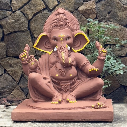 Dhaani Foods No. 6 Mud Maysuri Ganpati Idol (18 Inch) | Lal Mati Eco-Friendly Ganesha | Biodegradable Murti