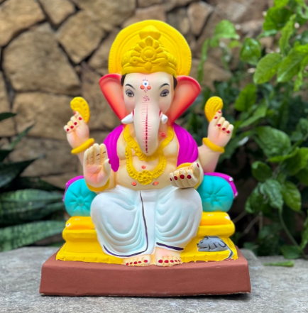Dhaani Foods 14 Inch Singhasan Ganpati Idol (No. 12 cm Base) | Shadu Mati Eco-Friendly Ganesha.